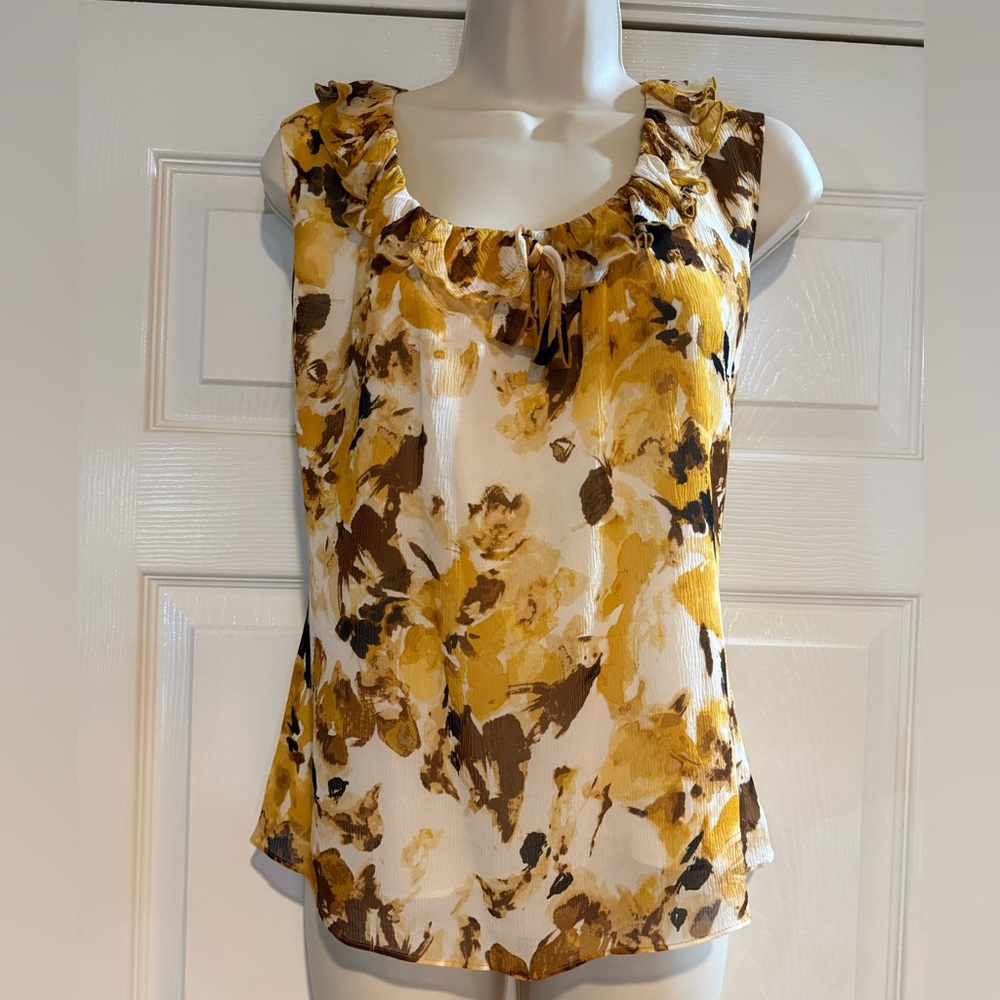 St. John silk Yellow and Brown Floral Ruffle-Neck Blouse size Medium